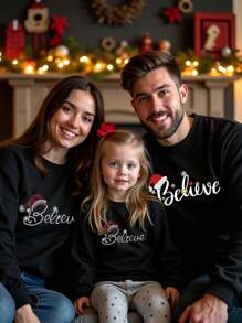 Christmas Baby Girl's Faux Sequin Santa Slogan Snowflake Thermal Lined Sweatshirt,Black And Red Autumn Casual Matching Family Mommy And Me Matching - Black - View 1