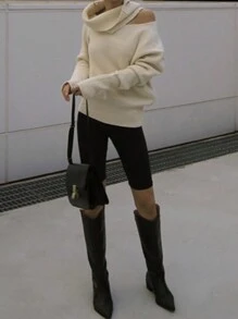 DAZY 女士时尚不对称露肩高领毛衣，秋冬，秋季女装 - 杏色 - 查看 10