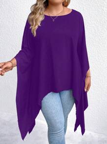 SHEIN Clasi Áo thun rộng cổ tròn màu trơn cỡ lớn, không đối xứng, mùa thu/hè - Màu tím - Xem 4