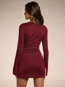 SHEIN BAE Women's Solid Color Round Neck Long Sleeve Simple Short Casual Red Dress,Christmas Women Clothes,Christmas Women Dress ,Christmas Party Dress,Fall Women Outfits,Winter Women Clothes