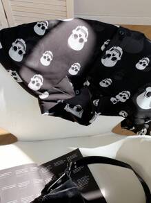 Comfortcana Skeleton Print Chiffon Cropped Long Sleeve Blouse For Halloween