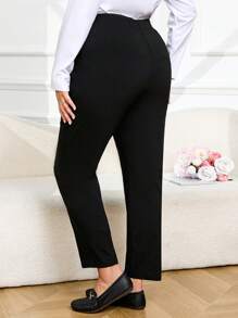Pantalones elegantes de oficina de pierna recta con cremallera y unicolor para mujer de talla grande - Negro - Ver 2