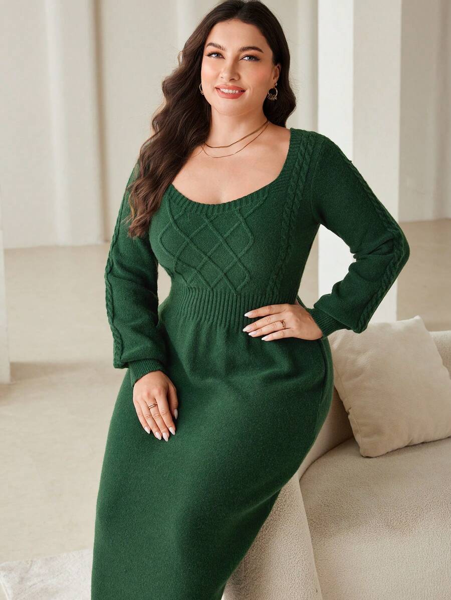 Mulvari 大码纯色长袖收腰简约长款毛衣连衣裙，日常休闲 - 墨綠色 - 查看 1