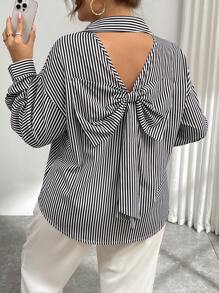 Calvaya Plus Size Women Black & White Striped Fashion Casual Plus Size Bow Shoulder Long Sleeve Shirt, Autumn - Black and White - View 1
