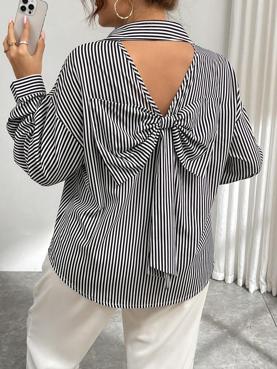 Calvaya Plus Size Women Black & White Striped Fashion Casual Plus Size Bow Shoulder Long Sleeve Shirt, Autumn - Black and White - View 1