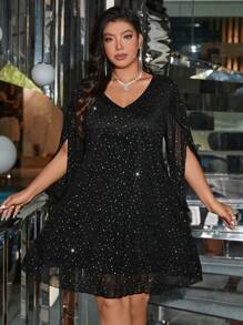 Vestido elegante de talla grande con mangas de capa de malla con lentejuelas