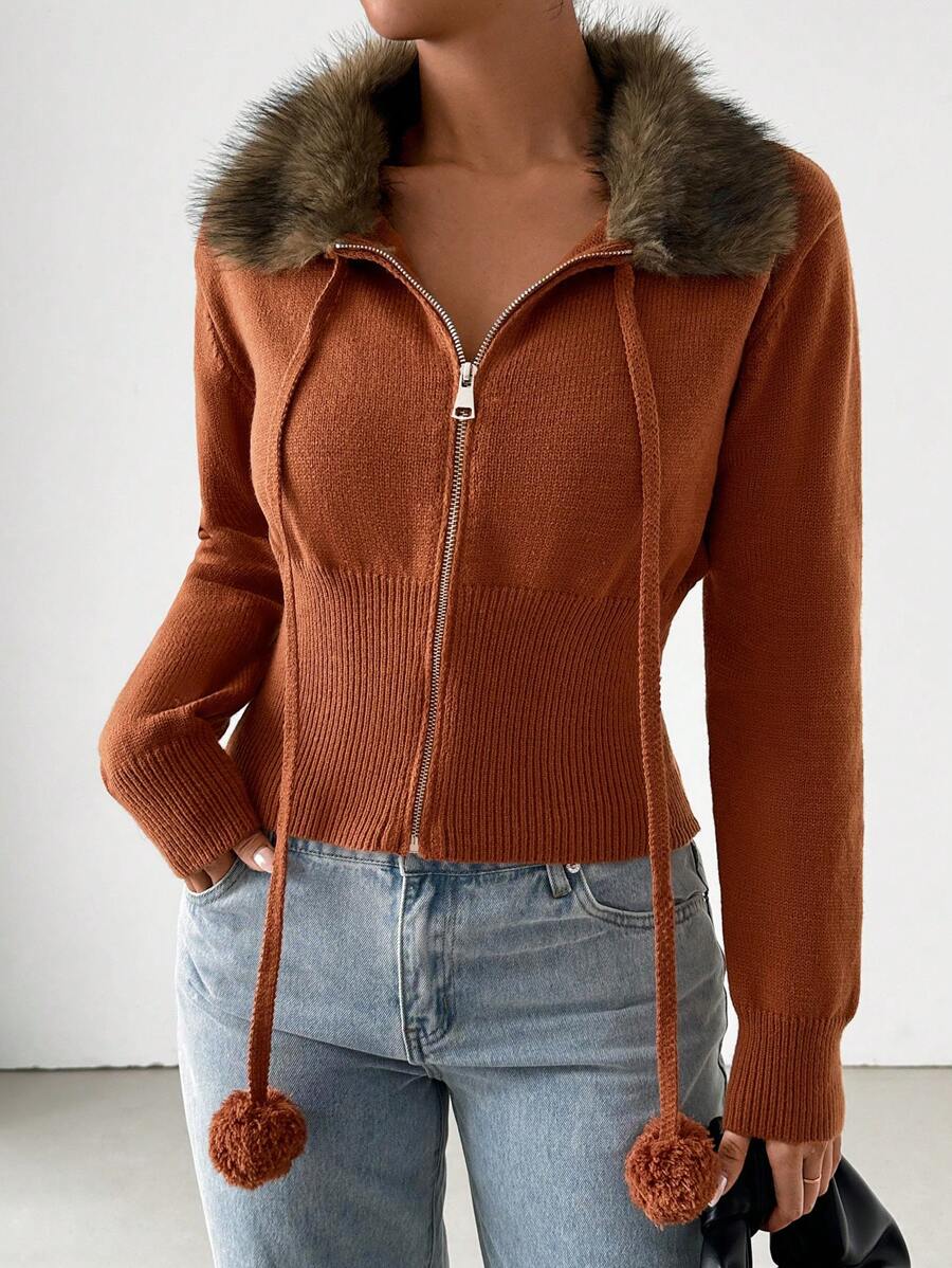 Chiquease Women's Furry Collar Waist Drawstring Zipper Front Long Sleeve Cardigan, Autumn Fall Clothes - Rust Brown - View 1