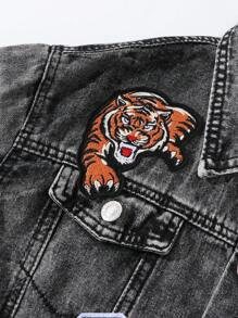 Tween Boy Vintage Street-Style Loose Ripped Distressed Animal Pattern Embroidered Casual Light-Wash Denim Jacket Chic Outfits For Autumn/Winter - Black - View 5