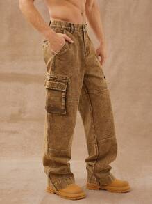 HIMLAND Men Premium Cotton Denim Cargo Loose Straight Leg Jeans
