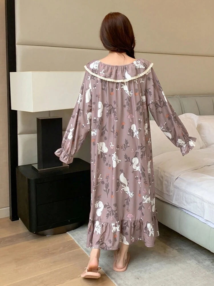 Cute Pattern Allover Print Ruffle Trim Relaxed Nightgown Pajama