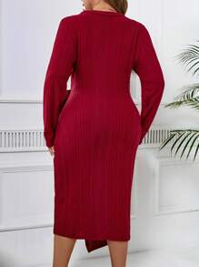 Celure Große Größen Rundhalsausschnitt Langarm Figurbetontes Kleid mit asymmetrischem Saum und Wickelband, thermisch gefüttert