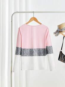 SHEIN LUNE Women's Solid Color Splicing V-Neck Long Sleeve Casual T-Shirt