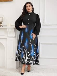 Modelyn Plus Size Feather Print Patchwork Long Sleeve Button Front Casual Dress Long Evening Dresses