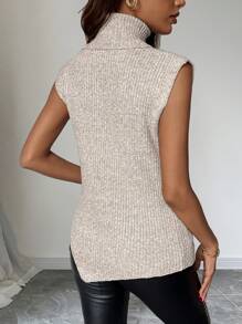 Chiquease 女式纯色高领不对称下摆无袖针织毛衣，秋冬季 - 卡其色 - 查看 2