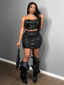 Slaydiva 女士街头风格 PU 交叉前拉链紧身迷你裙 - 黑色 - 查看 7