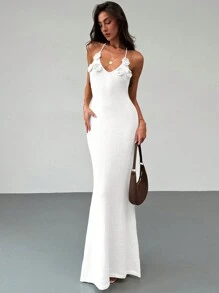 Aloruh Apricot Tight Halter Backless Summer Knitted Floral Pattern Dress, Perfect For Romantic Dates & Holidays - White - View 4