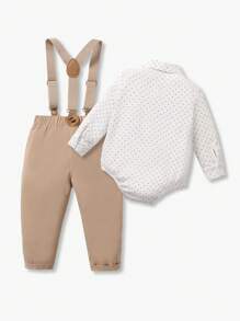Souflis Souflis 2 pezzi Outfit da gentleman per bambino maschio con camicia a pois, farfallino e salopette, adatto per occasioni casual, eleganti, compleanni, Ognissanti, Natale