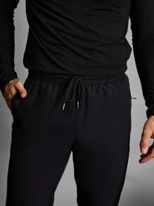 Manfinity Sport Corelite 男友风男士纯色抽绳腰斜口袋运动裤 - 黑色 - 查看 5