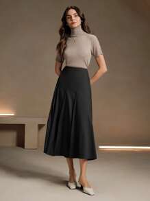 Anewsta Solid Color Asymmetrical Pleated Elegant Office Skirt For Women Maxi Women Outfit