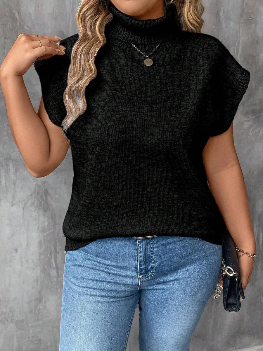 SHEIN LUNE Plus Size Solid Color Turtleneck Sweater Vest, Casual Autumn/Winter - Black - View 1