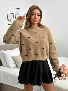 RueChic Casual Heart Pattern Fuzzy Crew Neck Long Sleeve Pullover Sweater - Rust Brown - View 1