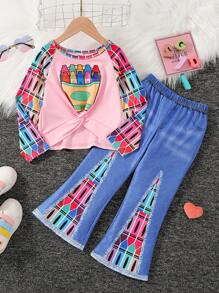 2pcs Young Girl' Fashionable Personalized Outfit, Brush Print Round Neck Long Sleeve Top + Flared Pants, Spring Autumn