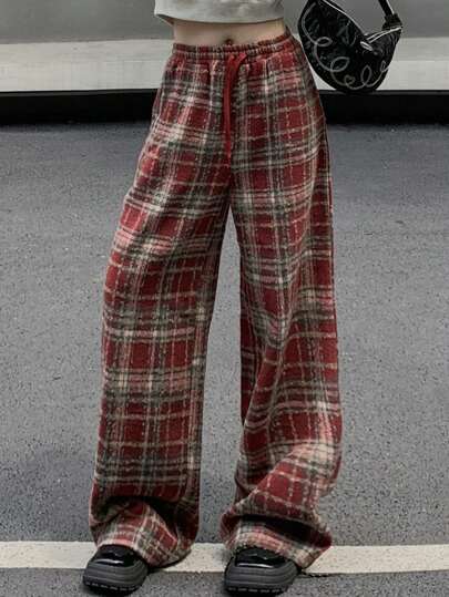 DAZY Christmas Red Plaid Drawstring Elastic Waist Wide Leg Pocket Pants For Women ,Holiday