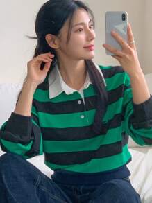 DAZY Women's Loose Short Striped Patchwork Contrast Color Polo Collar Sweatshirt