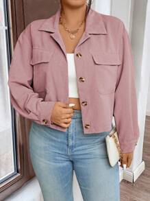 Franclia Áo khoác dài tay thường ngày màu trơn cỡ lớn có túi cài nút phía trước - Bụi hồng - Xem 1