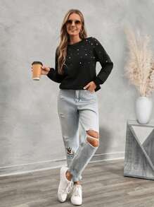 SHEIN LUNE 女士休闲蝙蝠袖珍珠串珠套头衫，长袖上衣