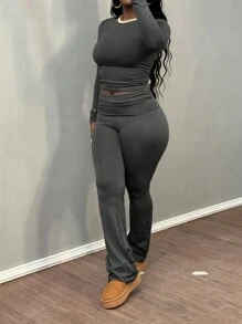 Solid Color Pleated Crew Neck Long Sleeve Top And Long Pants Two-Piece Casual Versatile Set - Màu xám đen - Xem 3