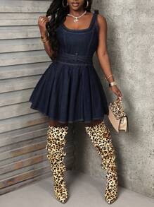 SHEIN Slayr 女士夏季无袖系肩交叉腰休闲牛仔连衣裙 - 深色水洗藍 - 查看 3