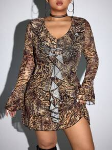 SHEIN ICON Đầm mini thường ngày dài tay in họa tiết bèo nhún cỡ lớn - Xám - Xem 5