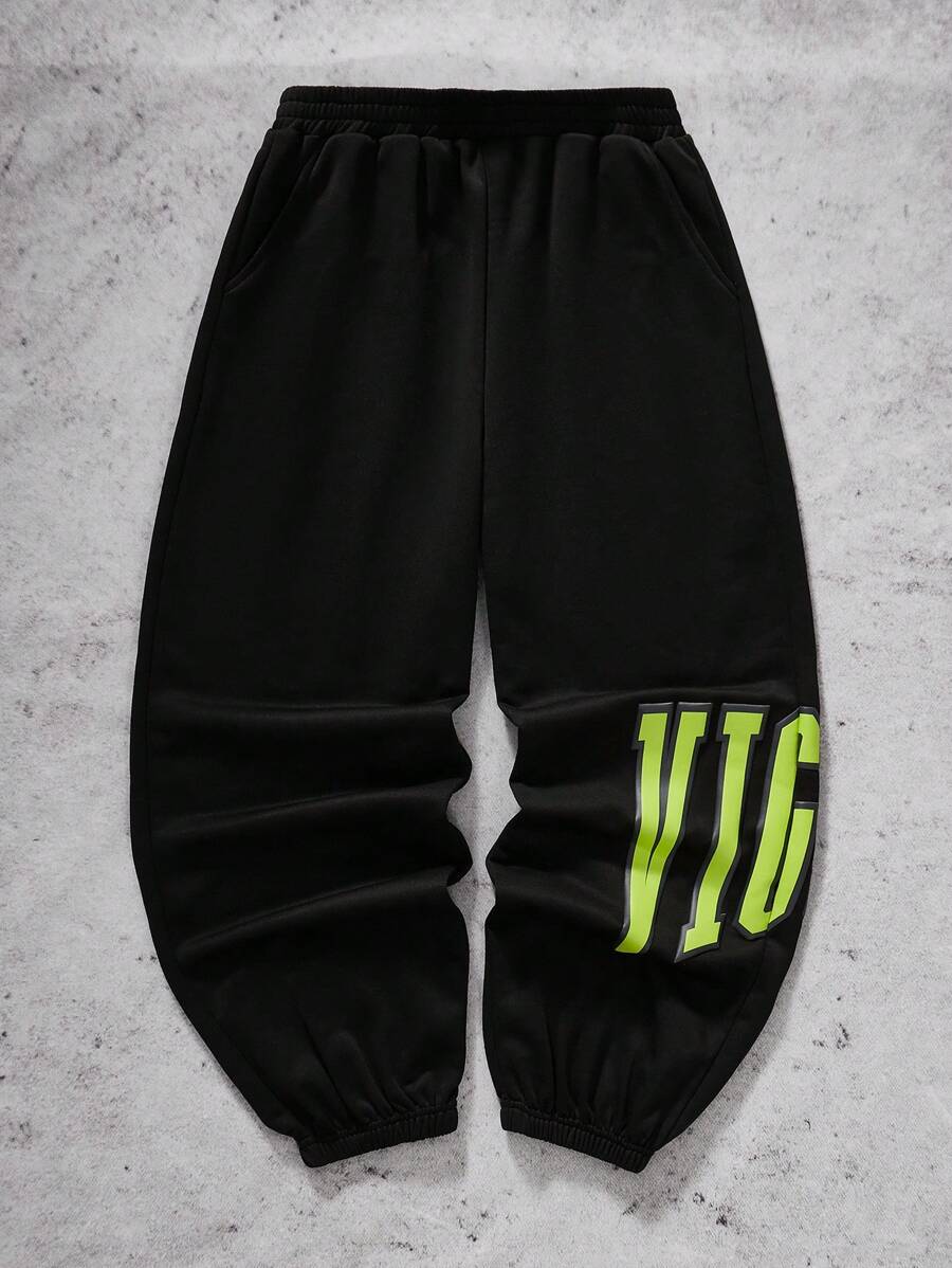 SHEIN Teen Boy Y2K Knit Solid Color Lettering Towel Embroidery Drawstring Pocket Casual Sweatpants