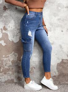SHEIN SXY Plus Size Women Casual Utility Pocket Distressed Skinny Jeans