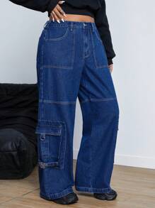 SHEIN ICON Plus Size Front Button Closure Multiple Pockets Casual Jeans, Everyday Wear