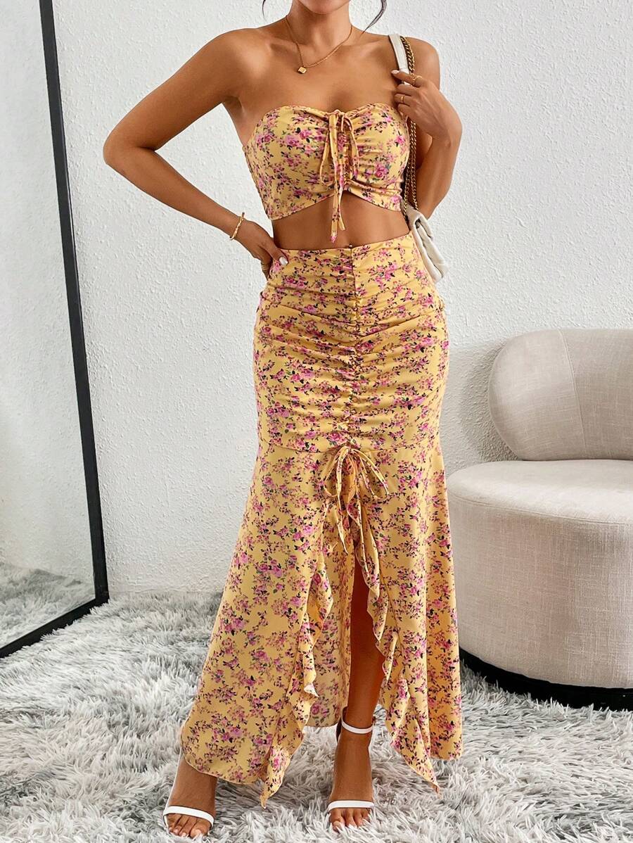 Chiquease Ruched Bustier Thigh Slit Ditsy Floral Dress & Spaghetti Strap Cami Top 2 Pieces Set, Summer - Yellow - View 1