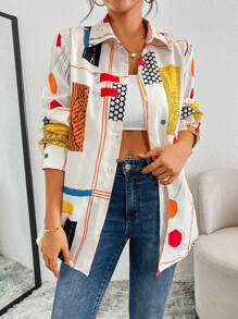 SHEIN Tall 秋季休闲趣味彩色线条印花纽扣衬衫 - 彩色 - 查看 1