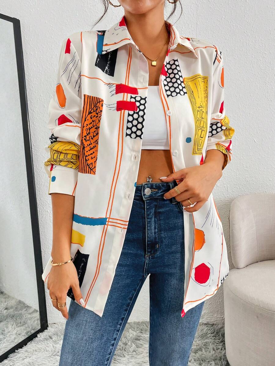 SHEIN Tall 秋季休闲趣味彩色线条印花纽扣衬衫 - 彩色 - 查看 1