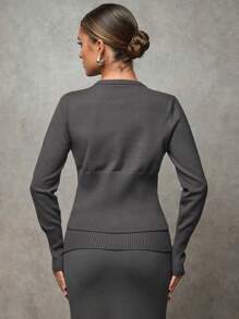 SHEIN BAE Cárdigan de mujer, suave y cálido, con botones decorativos en gris, adecuado para el Día de Acción de Gracias, Halloween, Navidad, oficina, escuela, citas, fiestas, uso casual - Gris - Ver 3