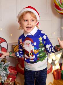 SHEIN Young Boy Christmas Sweater, New Winter Collection, Santa Claus Cartoon Pattern, Adorable Blue Tone, Unique Display, Suitable For Everyday Wear, Outings, And Various Occasions