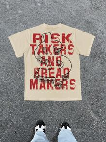 Manfinity Dauomo Áo thun tay ngắn in khẩu hiệu mắt thường ngày cho nam - Màu be - Xem 2