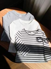 SHEIN 男婴三件套百搭休闲条纹纯色长袖套头衫套装，柔软舒适，适合居家或户外穿着，春秋时尚秋冬款 - 黑與白 - 查看 6