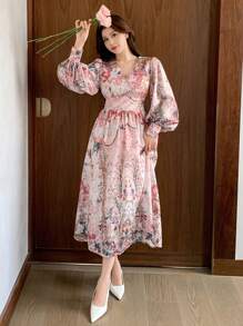 DAZY Vestido Médio Elegante de Manga Lanterna com Decote em V e Estampa Floral Completa para Mulheres, com Babados, Vestido Longo de Manga Comprida para o Outono, Vestido Longo Boho para Férias - Rosa chiclete - Visão 7