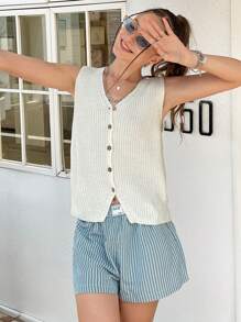 INAWLY Women V-Neck Single-Breasted Casual Knit Sweater Vest For Autumn & Winter - Beige - View 2