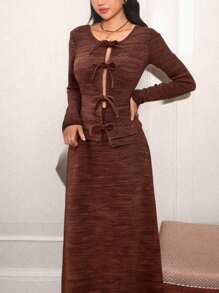 Modelyn 2pcs Women's Casual Front Tie Long Sleeve Blouse And Long Skirt Set, Autumn/Winter - Rust Brown - View 2