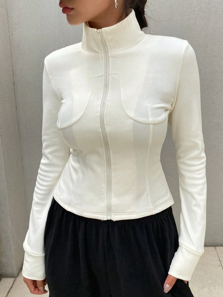 1pc Women's Autumn Zip Up Collar Long Sleeve Fitted Solid Color Jacket,Fall Women Clothes