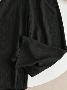 SHEIN LMoss Kids LMoss 少女纹理面料抽绳松紧腰宽松阔腿裤 - 黑色 - 查看 6