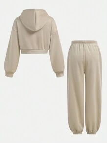 SHEIN Leap Crew 2pcs/Set Tween Girls' Casual Hoodie And Drawstring Sweatpants - Apricot - View 2