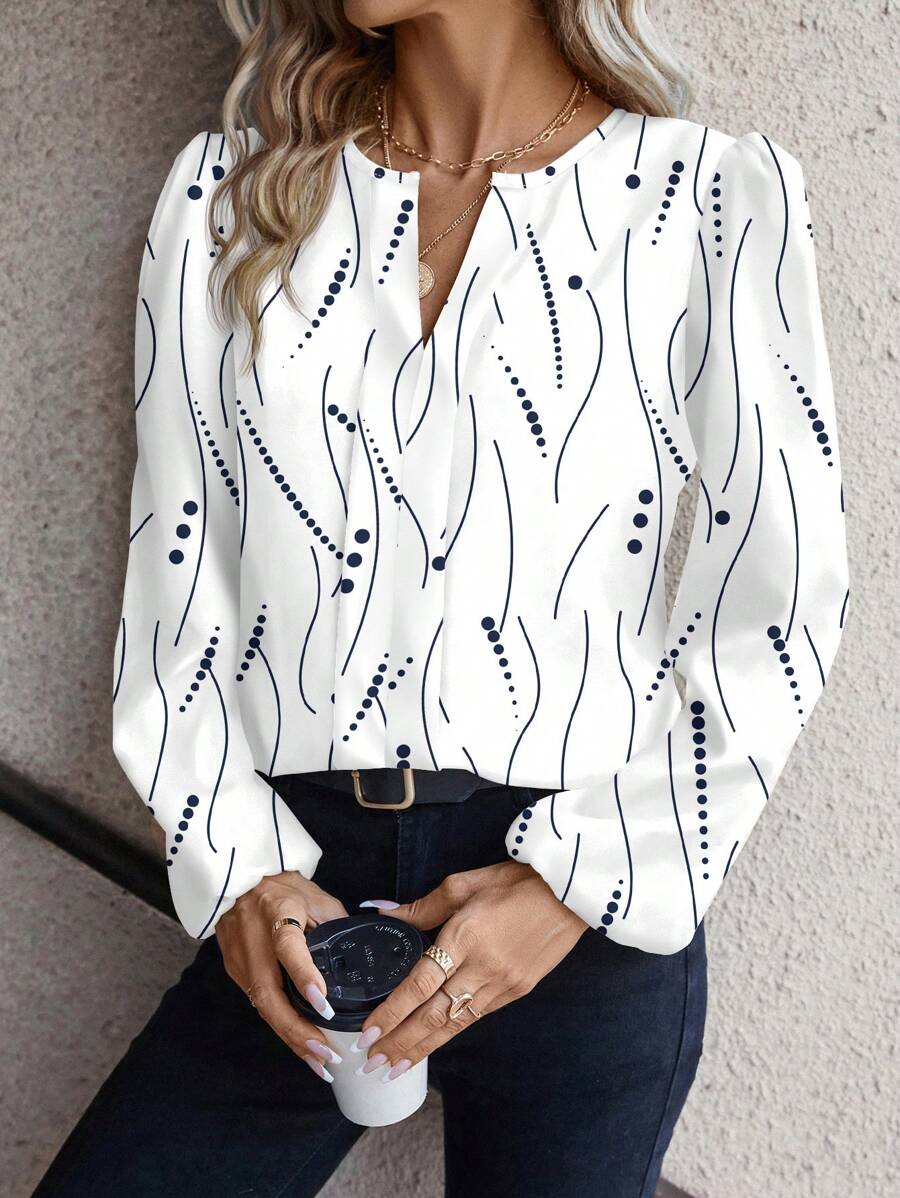 SHEIN Clasi Koszula damska prosta, swobodna, z dekoltem w serek i nadrukiem na całej powierzchni, z długim rękawem, odpowiednia na jesień i zimę, bluzki z długim rękawem - Niebieski i biały - Zobacz 1